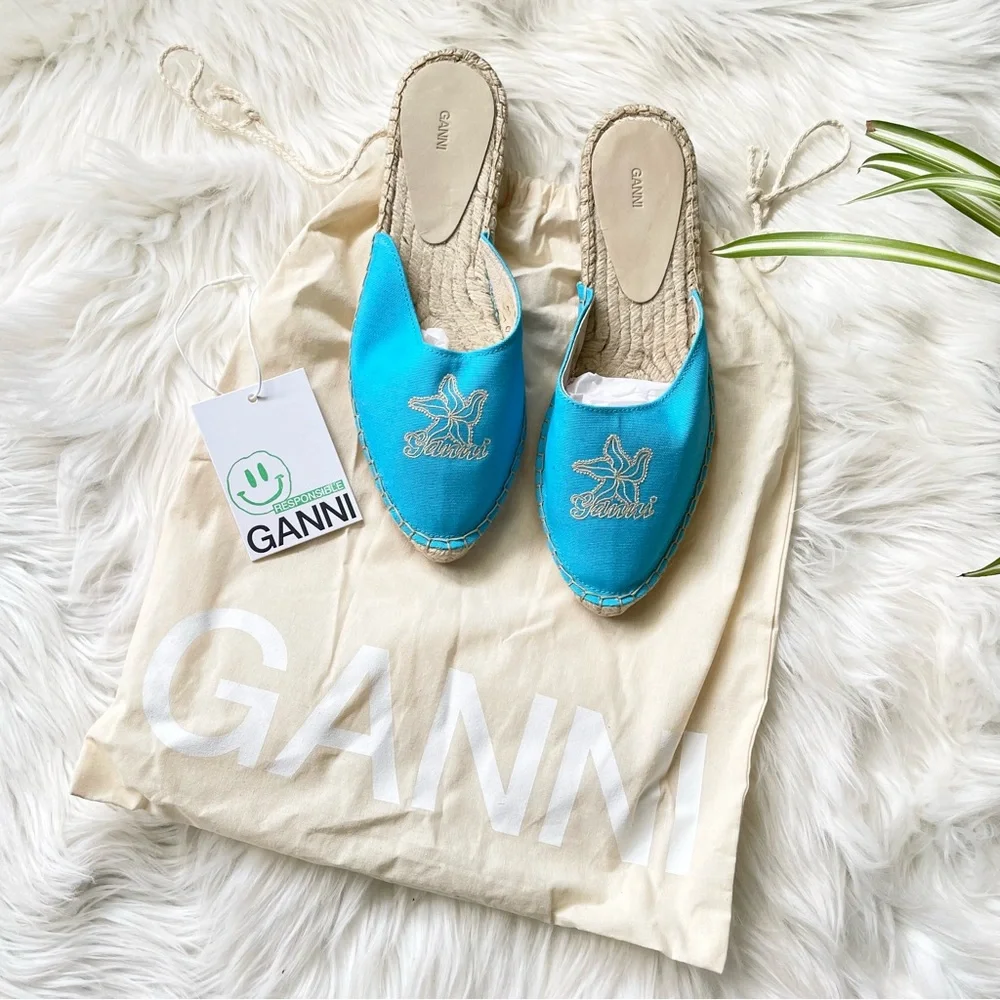 GANNI Embroidered Canvas Espadrille Slippers Turquoise Women’s Size 9 EU 39 NIB